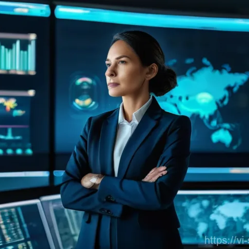 보안 오케스트레이션과 사용자 행동 분석 - A confident cybersecurity professional, a woman in her late 30s wearing a modern business pantsuit, ...