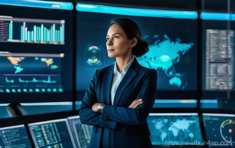 보안 오케스트레이션과 사용자 행동 분석 - A confident cybersecurity professional, a woman in her late 30s wearing a modern business pantsuit, ...