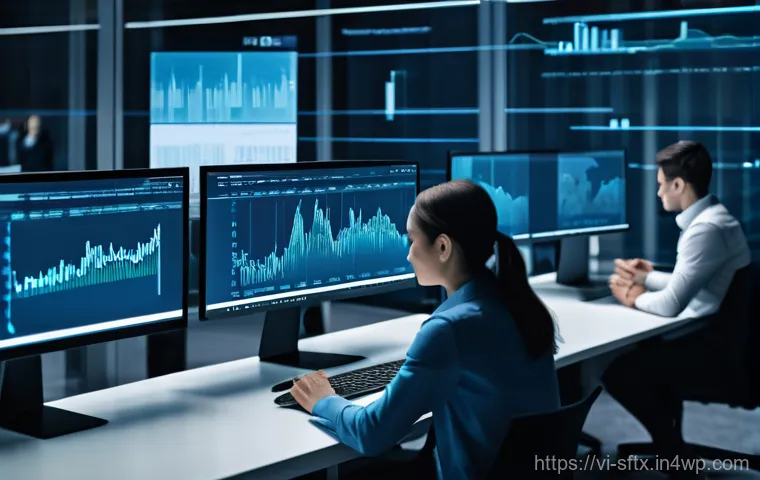 보안 오케스트레이션과 사용자 행동 분석 - A confident cybersecurity professional, a woman in her late 30s wearing a modern business pantsuit, ...