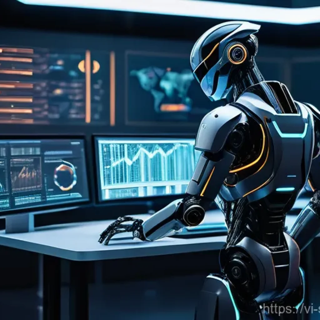 보안 오케스트레이션의 최적화 기술 - A futuristic, intelligent AI robot conductor with multiple arms, standing on a pedestal in a digital...