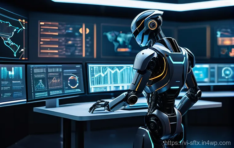 보안 오케스트레이션의 최적화 기술 - A futuristic, intelligent AI robot conductor with multiple arms, standing on a pedestal in a digital...