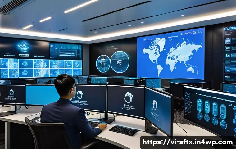보안 오케스트레이션과 자산 관리 - A modern cybersecurity operations center with diverse professionals collaborating seamlessly, multip...