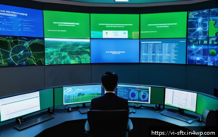 보안 오케스트레이션과 인프라 보안 - A high-tech cybersecurity control room in a modern Vietnamese office building, featuring multiple la...